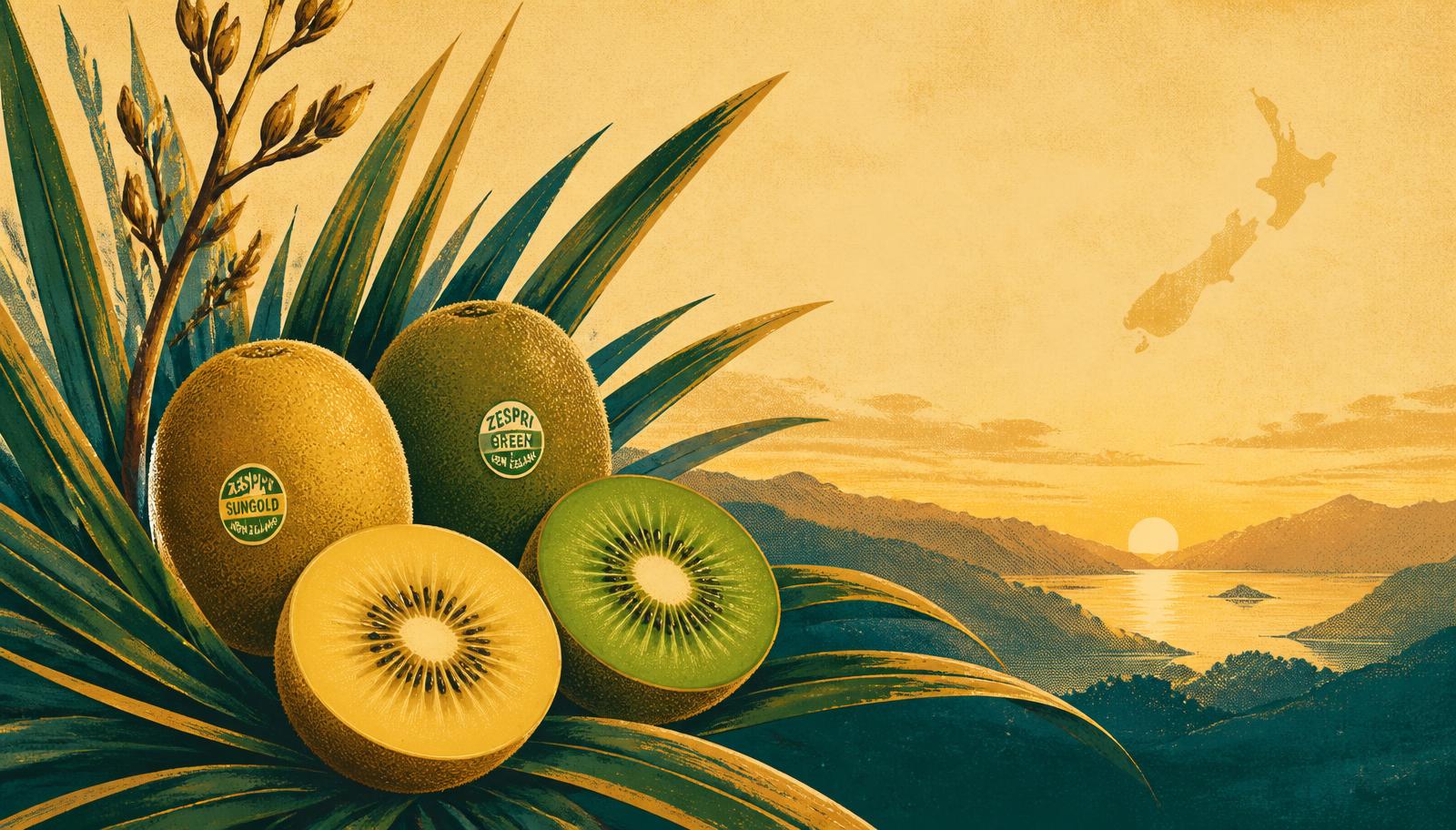 Golden and green kiwifruit among New Zealand flax leaves at sunrise